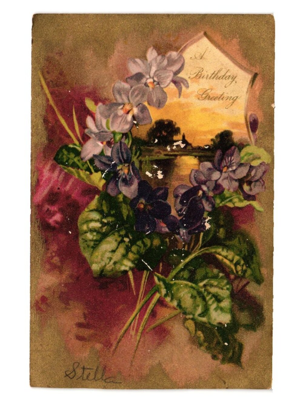 Vintage Postcard A Birthday Greeting Floral Illustration Stamp Handwritten Note